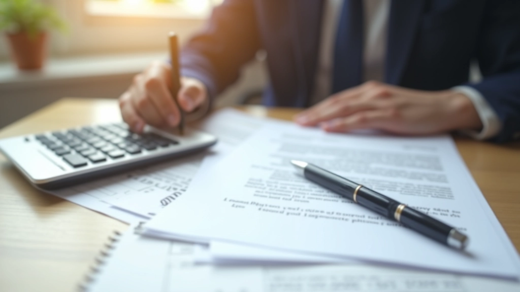 Calculadora e documentos financeiros sobre uma secretária mostrando cálculos de indemnização laboral