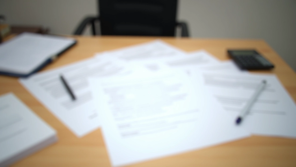 Documentos de contrato espalhados numa secretária com caneta e calculadora