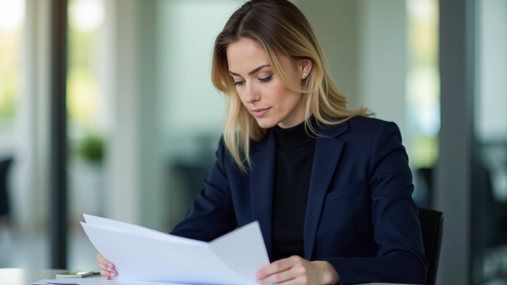 Mulher profissional em escritório revendo documentos de rescisão de contrato com expressão séria